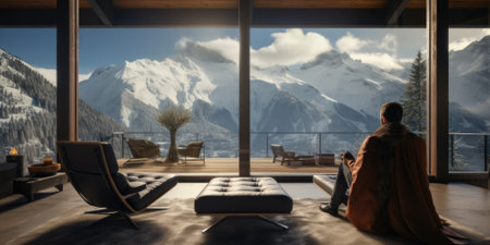 Traveler enjoying weekends inside contemporary barn house in the mountains. Happy tourist looking through panoramic windows in new cottage. comelinessの素材