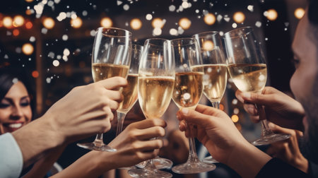 Friends celebrating Christmas or New Year eve party comelinessの素材