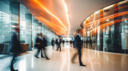 Business people rushing in office lobby with motion blurの素材