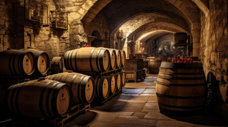 Several barrels of wine in a wine cellar in a traditional underground winery comelinessの素材