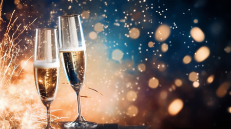 New Years celebration with fireworks and champagne glasses at night comelinessの素材