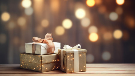 Christmas gift boxes on a wood table ready for joyful holiday celebration, merry Christmas and happy new year 2024 festival comelinessの素材
