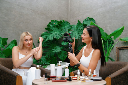 Two beautiful content creator making natural beauty and cosmetic tutorial on green plant garden video. Beauty blogger showing how to beauty care to social medial audience using selfie stick . Blitheの写真素材