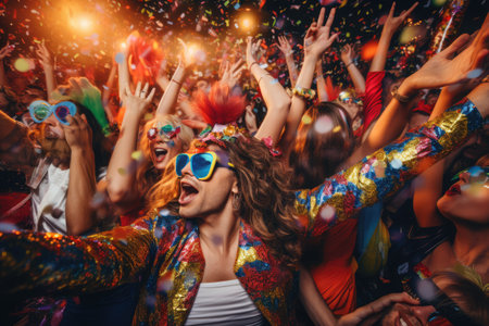 A cheerful group of friends enjoy new year party at nightclub People are drinking, dancing and having a good time at the party comeliness.の素材