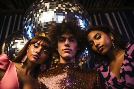 A cheerful group of friends enjoy new year party at nightclub People are drinking, dancing and having a good time at the party comeliness.の素材