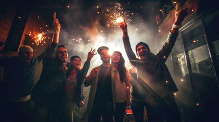 A cheerful group of friends enjoy new year party at nightclub People are drinking, dancing and having a good time at the party comeliness.の素材