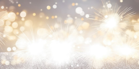 Bright white and gold fireworks at New Year with copy space. comeliness.の素材