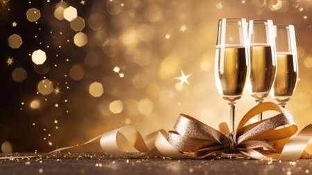 Happy New Year and Christmas holidays background celebration with champagne glasses comelinessの素材