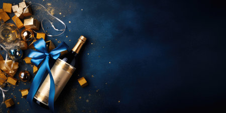 Flay lay new year holiday decoration and party streamers on gold festive background. Christmas, birthday or wedding concept. Flat lay. comelinessの素材
