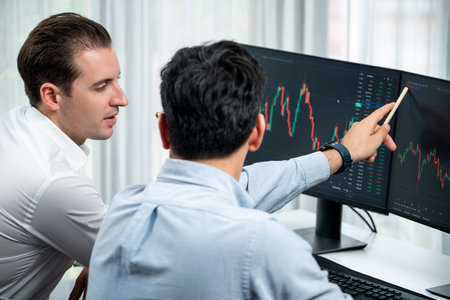 Investor stock office worker analyzing investment business trend on dynamic exchange rate database...