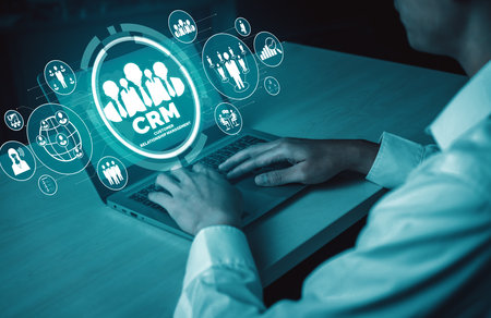 CRM Customer Relationship Management for business sales marketing system concept presented in futuristic graphic interface of service application to support CRM database analysis. udsの写真素材