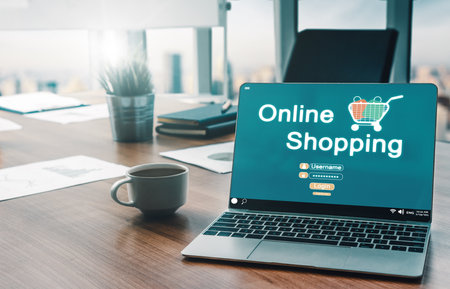 Online shopping and Internet Money Payment Transaction Technology. Modern graphic interface showing e-commerce retail store for customer to purchase product on website and pay by online transfer. udsの写真素材