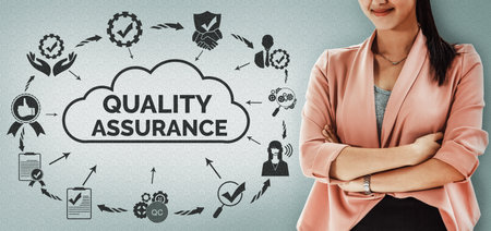 Quality Assurance and Quality Control Concept - Modern graphic interface showing certified standard process, product warranty and quality improvement technology for satisfaction of customer. udsの写真素材