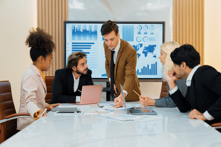 Portrait of professional smart business team discussion about start up project. Group of skilled businesspeople planing, brainstorming, sharing idea strategy. Discussion business meeting. Ornamented.の写真素材