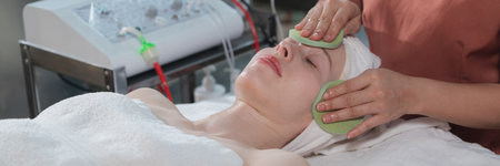 Attractive caucasian woman receive electrical facial treatment. Beautiful girl lies on spa bed while having medical treatment from professional doctor from medical spa center. Tranquility.の写真素材