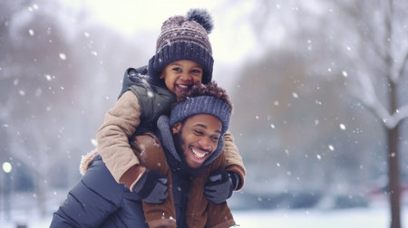 Happy family having fun while travel outdoor in winter enjoying time together comelinessの素材