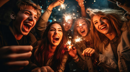 A cheerful group of friends enjoy new year party at nightclub People are drinking, dancing and having a good time at the party comeliness.の素材