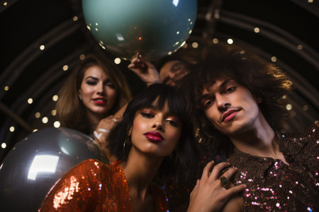 A cheerful group of friends enjoy new year party at nightclub People are drinking, dancing and having a good time at the party comeliness.の素材