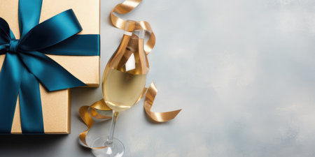 Flay lay new year holiday decoration and party streamers on gold festive background. Christmas, birthday or wedding concept. Flat lay. comelinessの素材