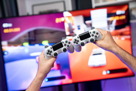 Close up photo of holding joystick crashing or cheerful friends on car racing competition of video...