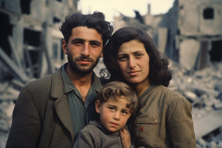 Civilian refugee affected from aggression of war and battle escape city from war zone which has no little comelinessの素材