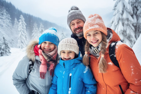 Happy family Father, mother and children are having fun and playing on snowy winter walk in nature. comelinessの素材