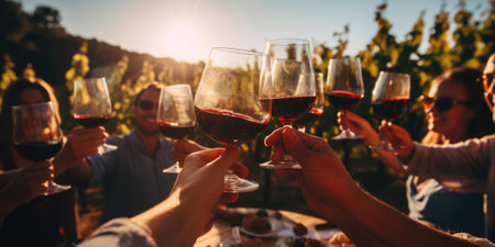 Group of friends gathering for wine tasting in countryside vineyard in summer harvesting season cheering and toasting with friendship comelinessの素材