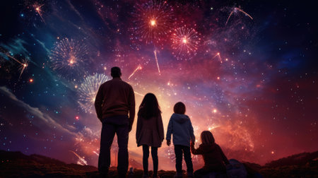 Happy people looking up to the sky with firework in new year 2024 night celebrate happy new year festival 2024 comeliness.の素材