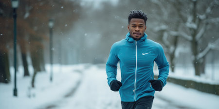 Healthy person running in public park in winter comeliness practicing fitness and strengthの素材