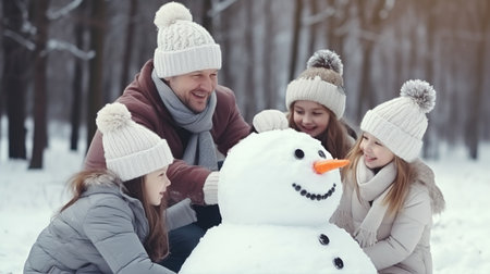 Happy father, mother and kids gathering in snow-covered park together sculpting funny snowman from snow. Parents and children playing outdoor in winter forest. Family active holiday comelinessの素材