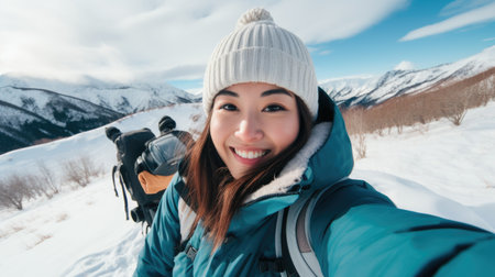Traveler influencer taking selfie during travel in winter season backpack on alps mountain comelinessの素材