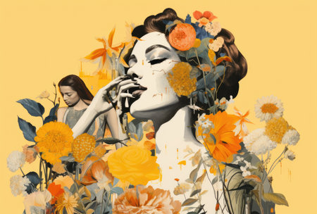 Abstract art portrait of young woman with flowers decoration comelinessの素材
