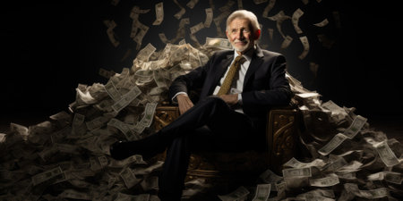 Billionaire on Huge Pile of Banknotes Rich and Prosperity Comelinessの素材
