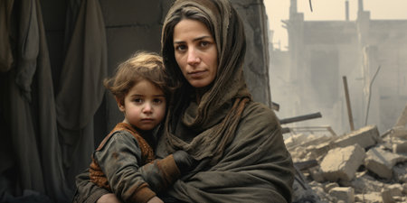 Civilian refugee affected from aggression of war and battle escape city from war zone which has no little comelinessの素材