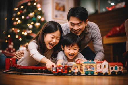 Happy kid playing at home in christmas and new year 2024 holiday comelinessの素材