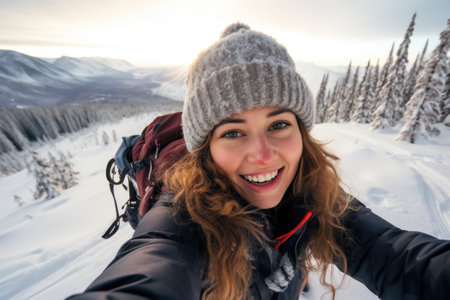 Traveler influencer taking selfie during travel in winter season backpack on alps mountain comelinessの素材