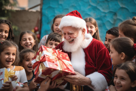 Santa Claus giving christmas gift to children in the city with comelinessの素材