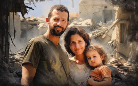 Civilian refugee affected from aggression of war and battle escape city from war zone which has no little comelinessの素材