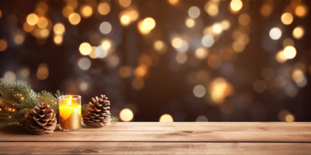Merry Christmas and Happy New Year background with empty wooden table over Christmas tree and blurred light bokeh. Empty display for product placement. Rustic vintage Xmas 2024 background. comelinessの素材