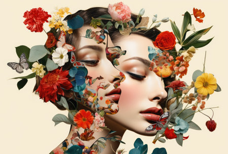 Abstract art portrait of young woman with flowers decoration comelinessの素材