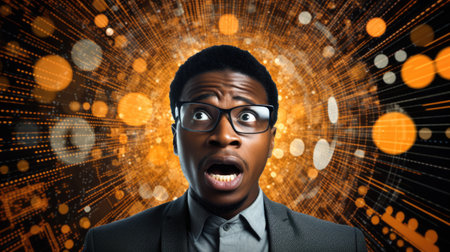 Business person overloaded by stress from business data and information that come from work, technology, social media and marketing business strategy received by a corporate employeeの素材