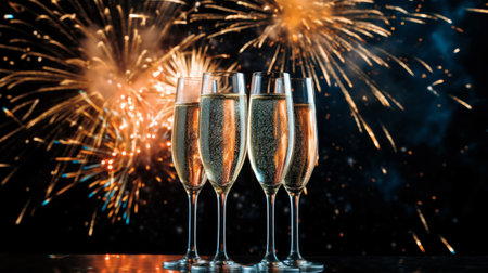New Years celebration with fireworks and champagne glasses at night comelinessの素材