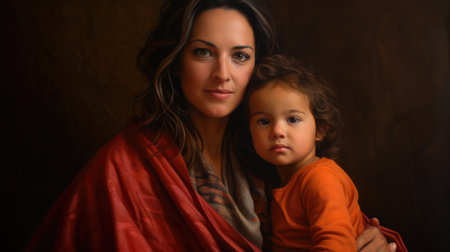 mother with child portrait looking at camera hug, love and bonding together showing comelinessの素材