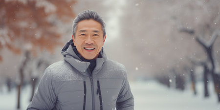 Healthy person running in public park in winter comeliness practicing fitness and strengthの素材