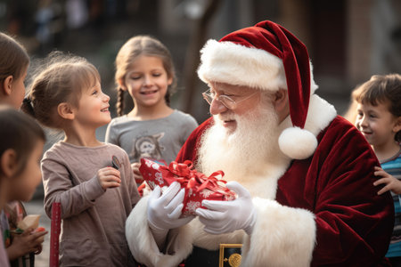 Santa Claus giving christmas gift to children in the city with comelinessの素材