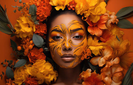 Abstract art portrait of young woman with flowers decoration comelinessの素材