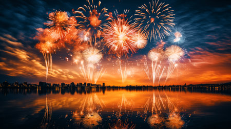 Firework explosion in the night sky celebrating happy new year 2024 . National firework shooting in the beautiful sky for a new year day of year 2024 .の素材