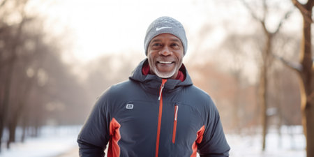 Healthy person running in public park in winter comeliness practicing fitness and strengthの素材