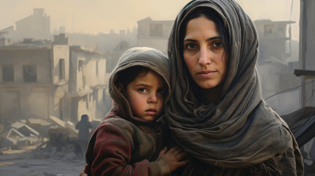 Civilian refugee affected from aggression of war and battle escape city from war zone which has no little comelinessの素材