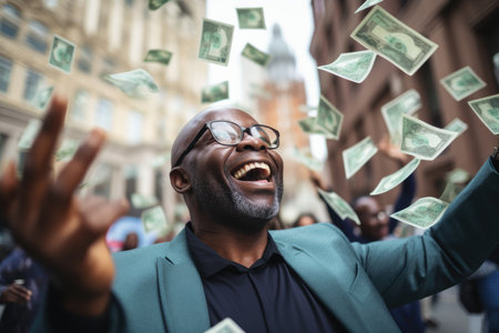 Happy person getting bonus money and banknotes flying in the air and get lucky rich and financial freedom comelinessの素材